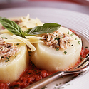 Big Potatoes Stuffed with Chicken Verde and Fresh Tomato Sauce